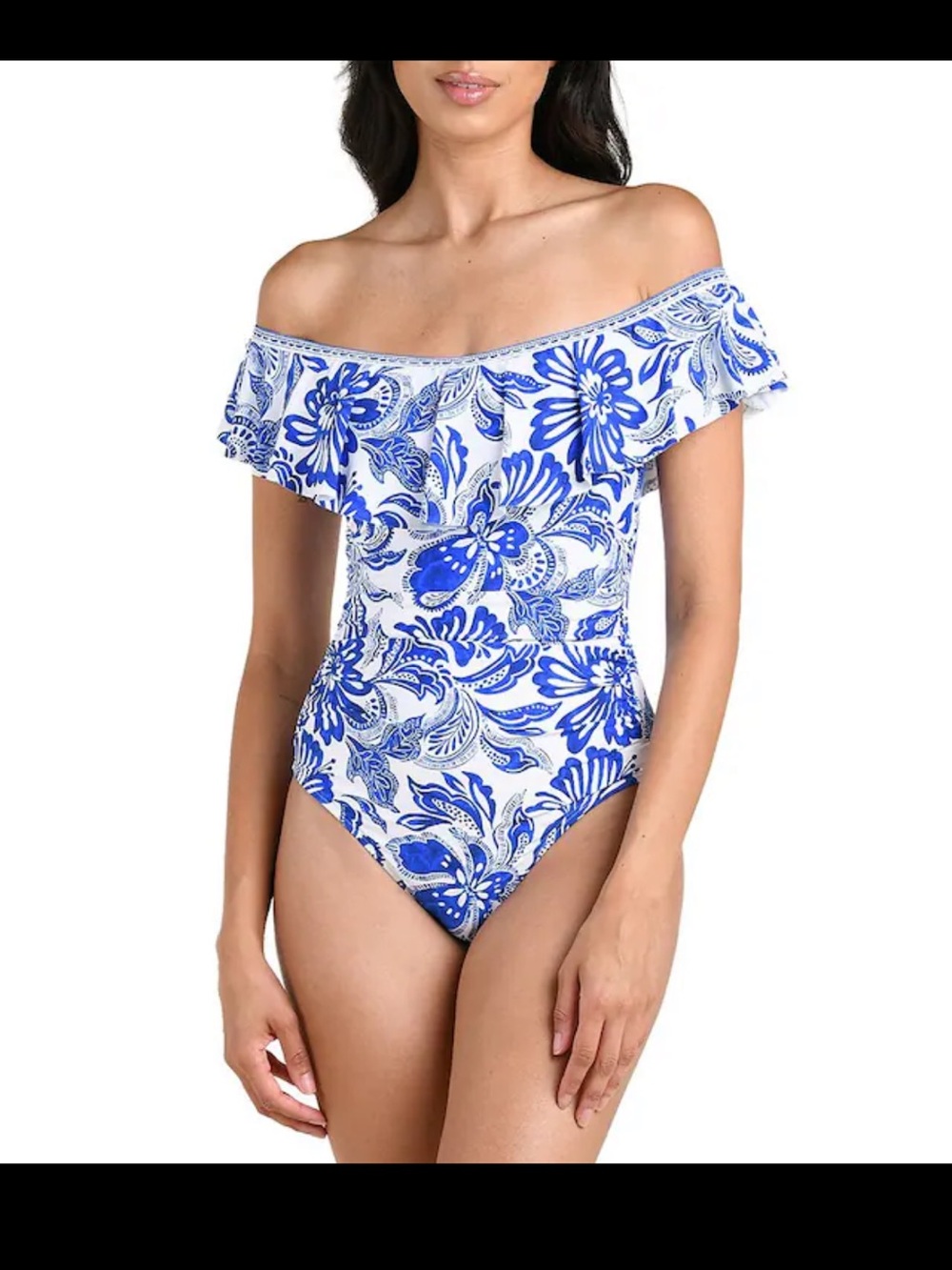La Blanca Blue and White Off-Shoulder One-Piece Swimsuit